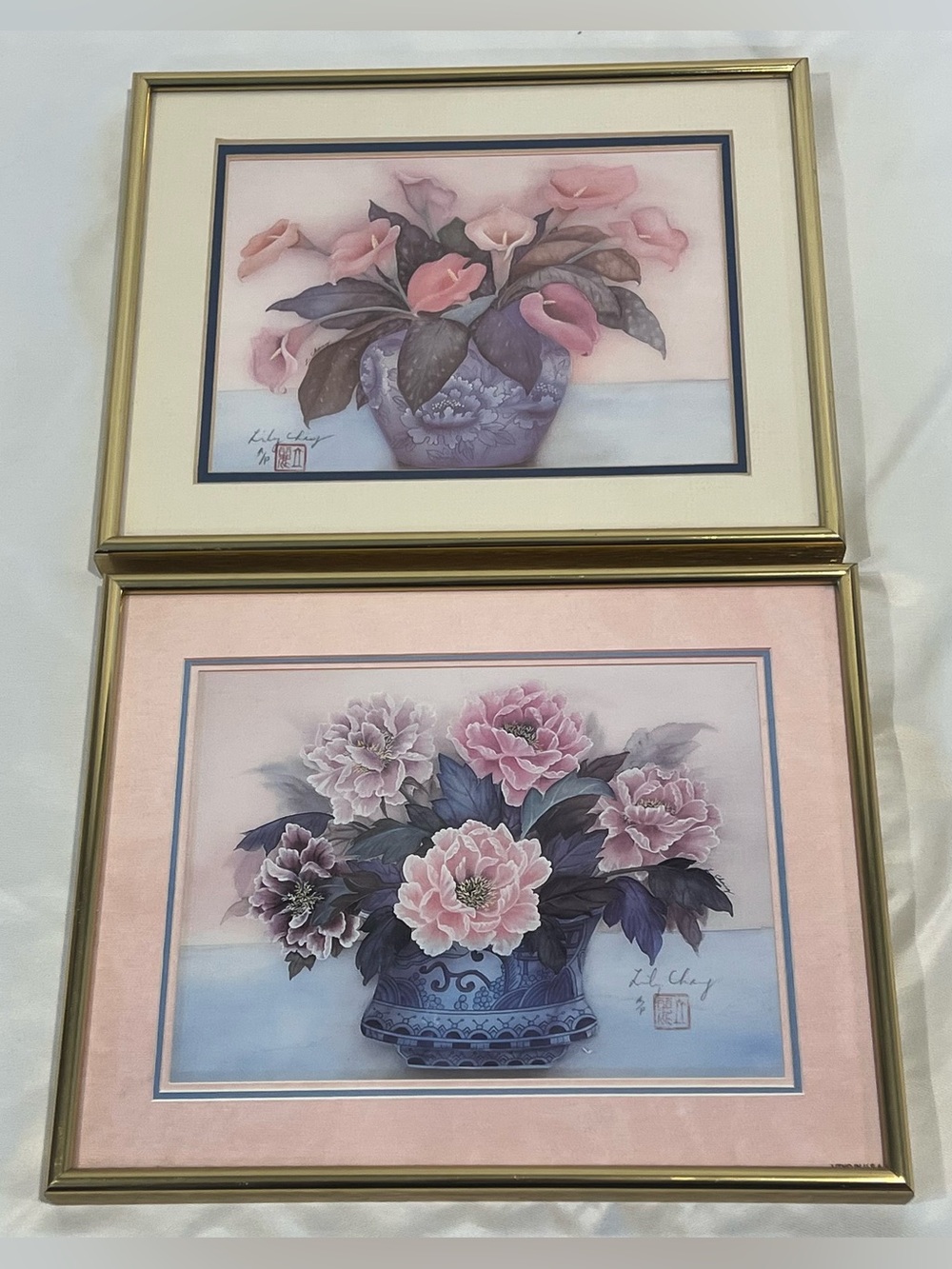 Lily Choy Signed Limited Edition Floral Prints Set of 2 Framed Chinoiserie